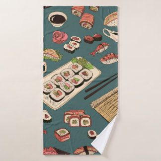 Coloured Sushi and rolls seamless pattern,excellen Bath Towel