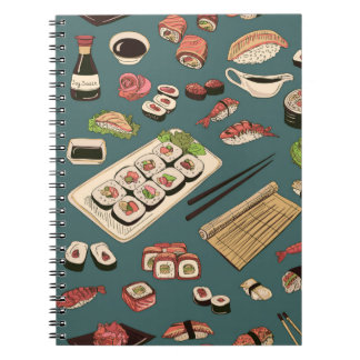 Coloured Sushi and rolls seamless pattern,excellen Notebook