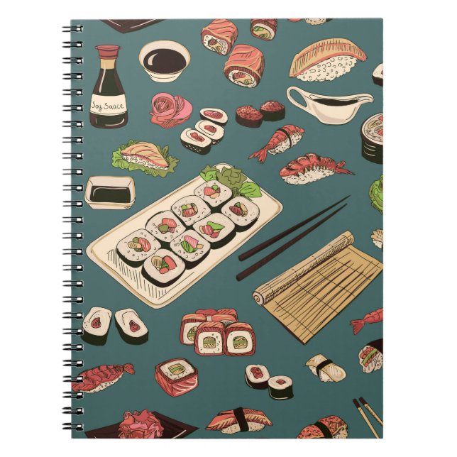 Coloured Sushi and rolls seamless pattern,excellen Notebook (Front)