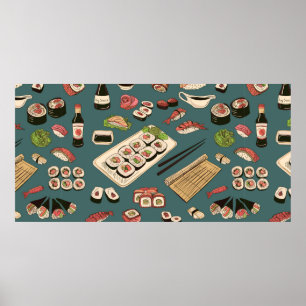 Coloured Sushi and rolls seamless pattern,excellen Poster
