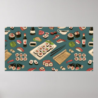 Coloured Sushi and rolls seamless pattern,excellen Poster