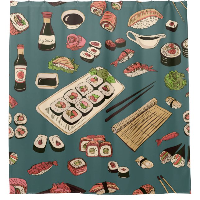 Coloured Sushi and rolls seamless pattern,excellen Shower Curtain (Front)