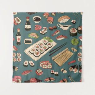 Coloured Sushi and rolls seamless pattern,excellen Tapestry