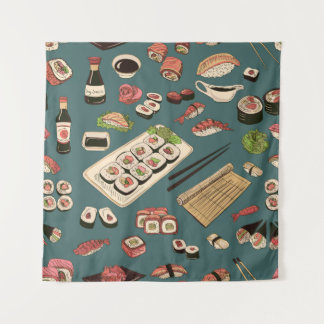 Coloured Sushi and rolls seamless pattern,excellen Tapestry