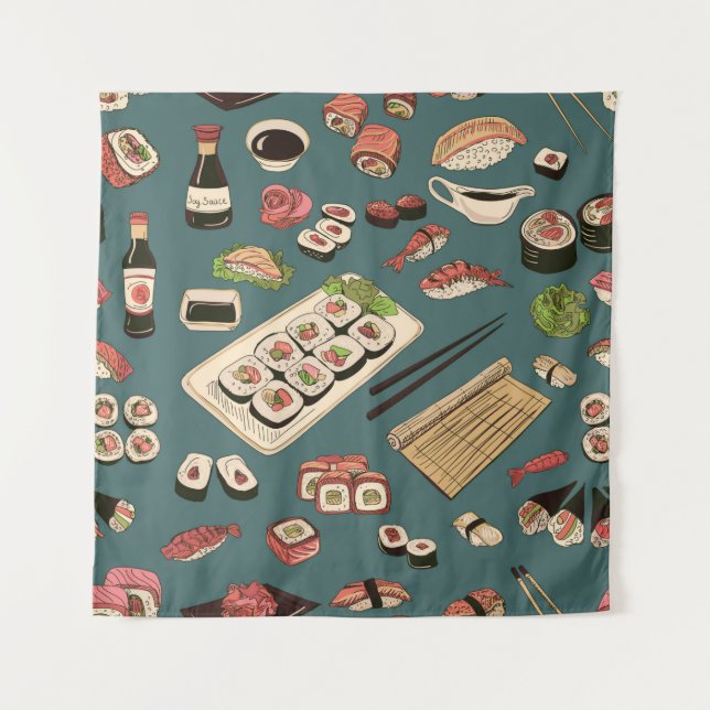 Coloured Sushi and rolls seamless pattern,excellen Tapestry (Front)