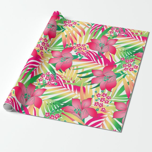 Coloured tropical flowers wrapping paper (Unrolled)