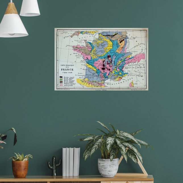 Coloured Vintage Geographical Map Of France, 1863 Poster (Living Room 1)