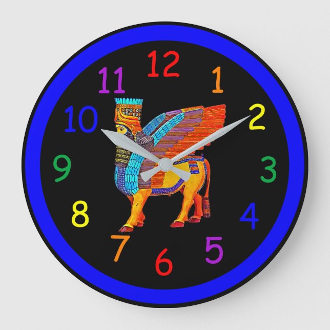 Coloured Winged Bull Large Clock (Front)