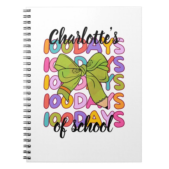Colourful 100 Days Of School Green Pencil Bow Notebook (Front)