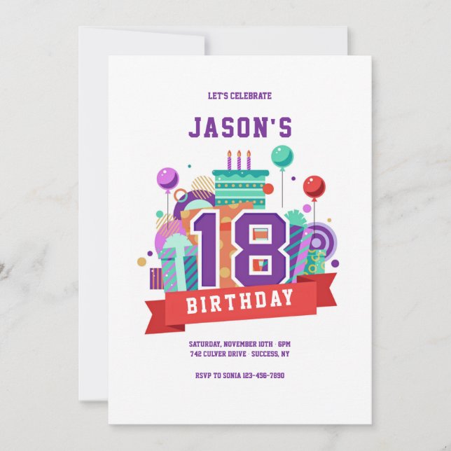 Colourful 18th Birthday Party Invitation (Front)