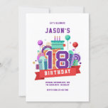 Colourful 18th Birthday Party Invitation<br><div class="desc">A milestone birthday party invitation featuring the number 18 with balloons, presents and a birthday cake. (Background vector created by freepik - www.freepik.com). The card is easy to customise with your wording, font, font colour and paper shape options. Not exactly what you're looking for? All our products can be custom...</div>