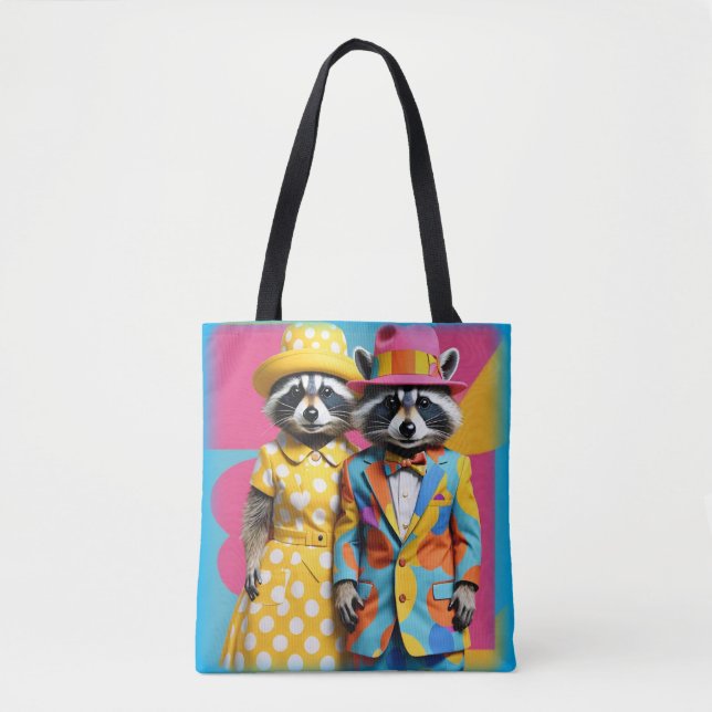 Colourful 1960's mod raccoons tote bag (Front)