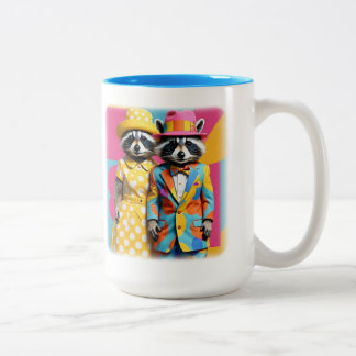 Colourful 1960's mod raccoons Two-Tone coffee mug