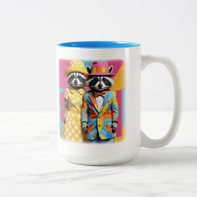 Colourful 1960's mod raccoons Two-Tone coffee mug (Right)