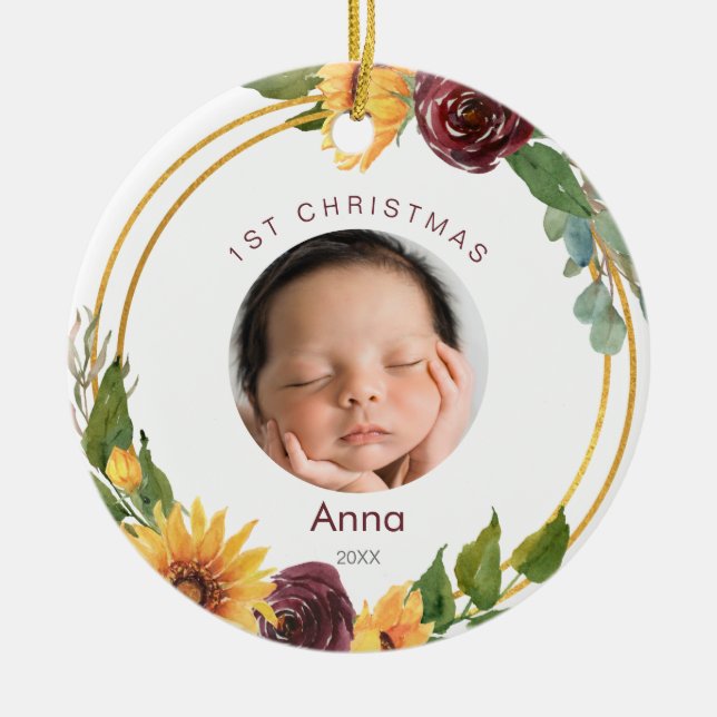 Colourful 1st Christmas Photo Sunflowers & Burgund Ceramic Ornament (Front)
