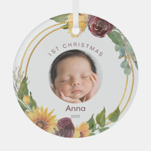 Colourful 1st Christmas Photo Sunflowers Glass Tree Decoration