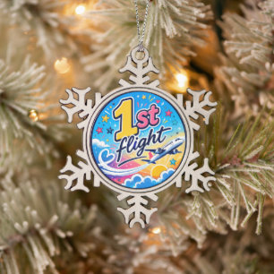 Colourful 1st flight aeroplane souvenir snowflake pewter christmas ornament