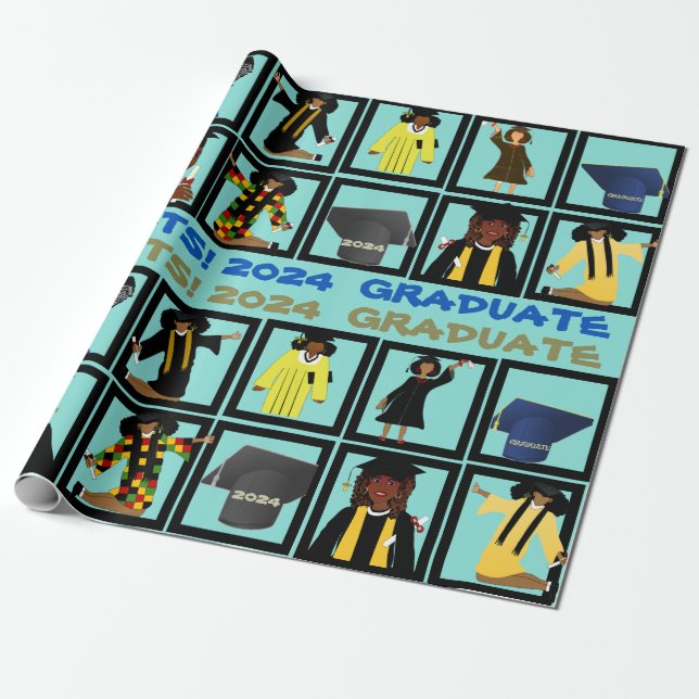 Colourful 2024 Graduate Squares African American Wrapping Paper (Unrolled)