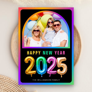 Colourful 2025 Balloon Happy New Year Photo Black Holiday Card