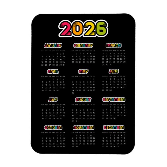 Colourful 2026 Black calendar Magnet (Vertical)