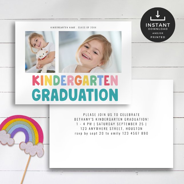 Colourful 2 Photo Kindergarten Graduation Party Invitation (Front and back view)