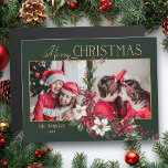 Colourful 2-Photo Merry Christmas Poinsettias<br><div class="desc">Festive and colourful holiday design featuring a two-photo template with custom gold Merry Christmas text graphic with a spray of traditional Christmas poinsettias and holly on a green background.</div>