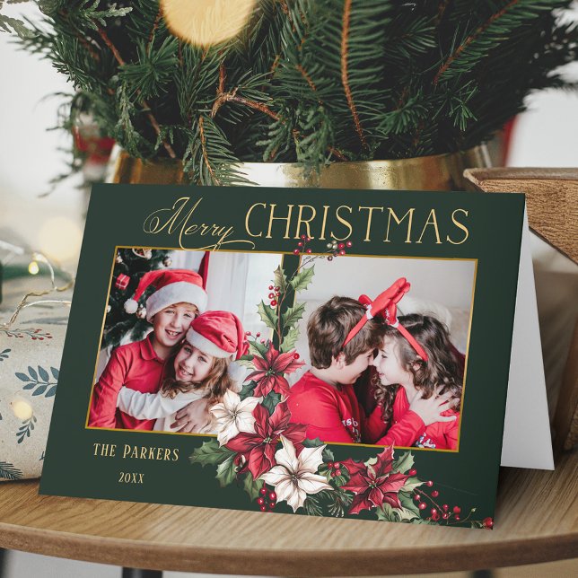 Colourful 2-Photo Merry Christmas Poinsettias Holiday Card (Creator Uploaded)