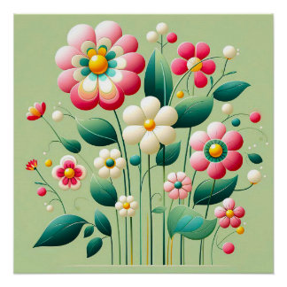Colourful 3D Flower Garden With Pink Yellow Blooms Poster