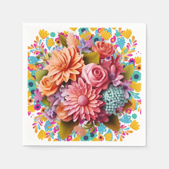 Colourful 3D flowers Pink and Orange Napkin (Front)