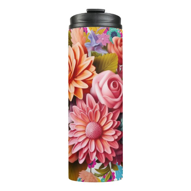 Colourful 3D flowers Pink and Orange Thermal Tumbler (Front)