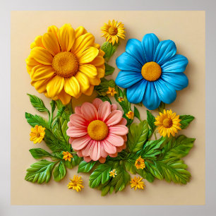 Colourful 3d flowers poster