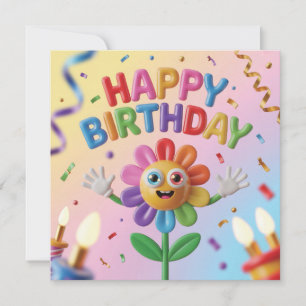 Colourful 3D Happy Birthday Greeting with Flower Holiday Card