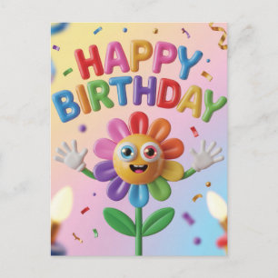 Colourful 3D Happy Birthday Greeting with Flower Postcard