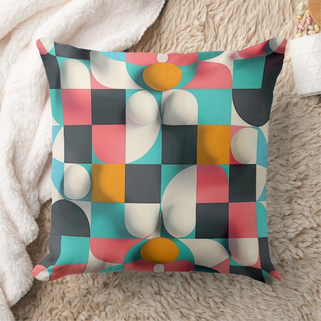 Colourful 3D Spheres and Geometric Grid Pattern Cushion (Blanket)