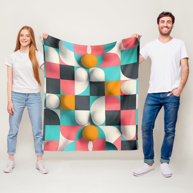 Colourful 3D Spheres and Geometric Grid Pattern Fleece Blanket (In Situ)