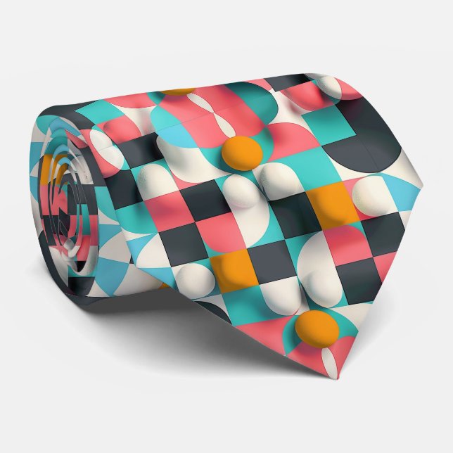 Colourful 3D Spheres and Geometric Grid Pattern Tie (Rolled)