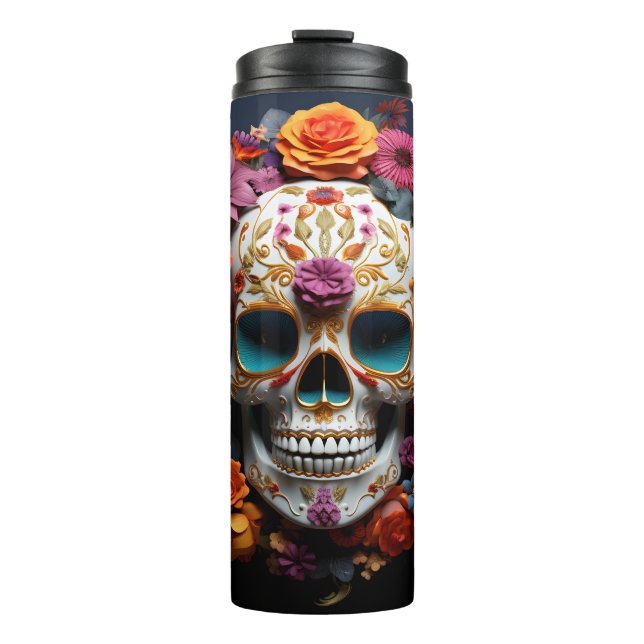 Colourful 3D Sugar Skull and Flowers Thermal Tumbler (Front)