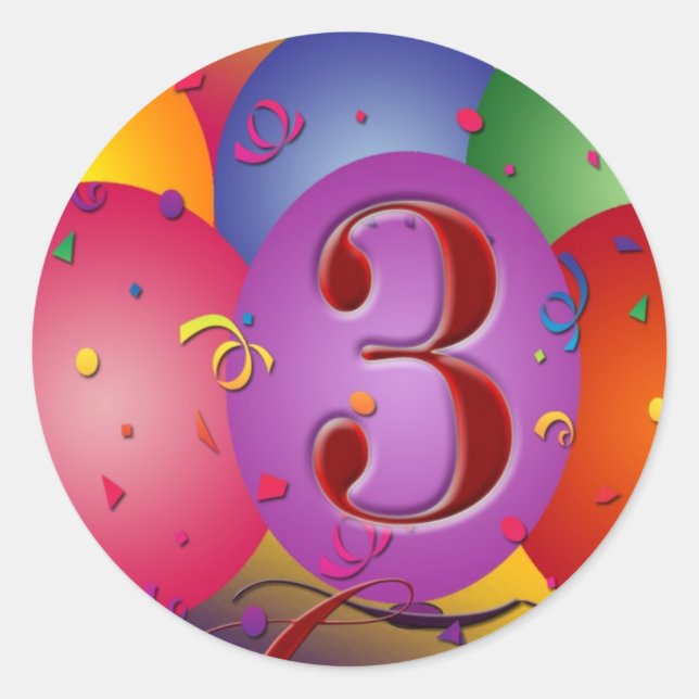 Colourful 3rd birthday balloon classic round sticker (Front)