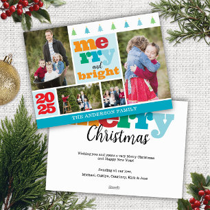 Colourful 4 Photo Collage Merry and Bright Holiday Card