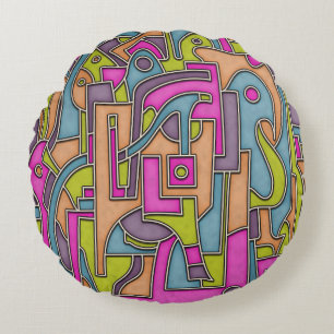 Colourful 60s Mod Geometric Abstract Round Cushion