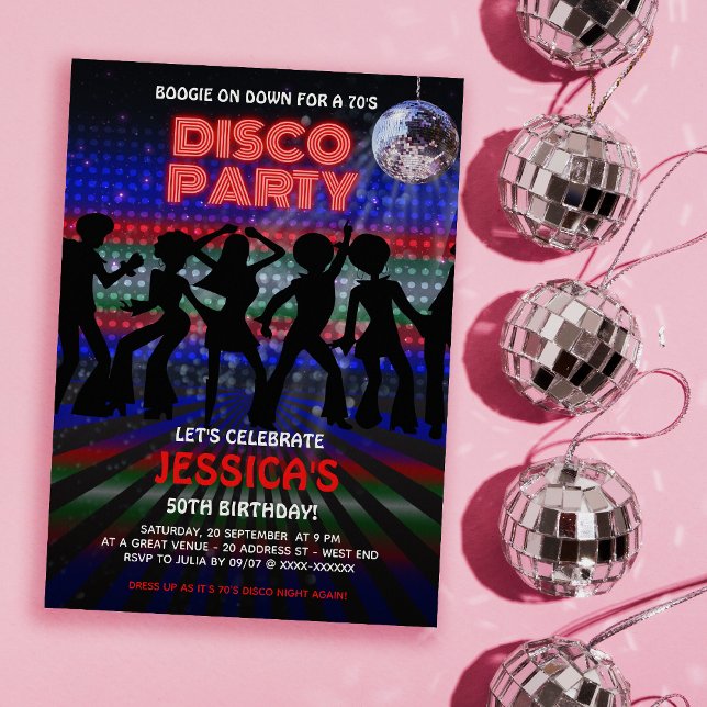 Colourful 70s Disco Dancing Party Invitation (Time to get you groove on with our out of sight, 70s Disco Party birthday invitation. )