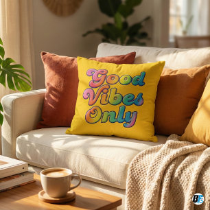 Colourful 70s Good Vibes Only Quote Yellow Aesthet Cushion