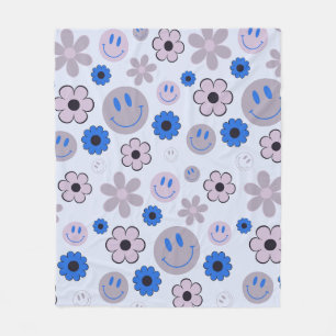 Colourful 70s Groovy Flower Smile Face Pattern Fleece Blanket