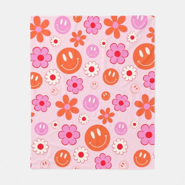 Colourful 70s Groovy Flower Smile Face Pattern Fleece Blanket (Front)