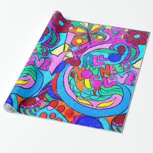 colourful 70's hippie peace and love wrapping wrapping paper