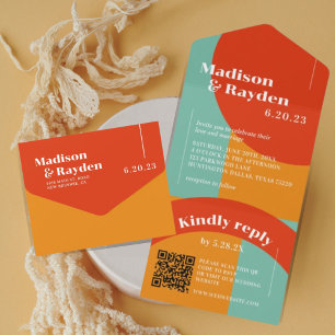 Colourful 70s Retro Abstract Photo QR Code Wedding All In One Invitation