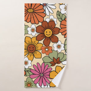 Colourful 70s style retro floral pattern. Vintage Bath Towel