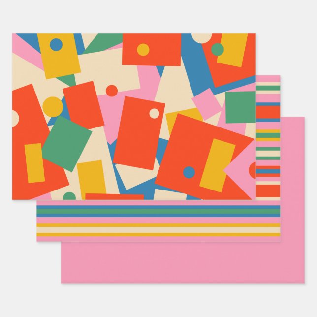 Colourful 80s Geometric Abstract Modern Patterns Wrapping Paper Sheet (Set)