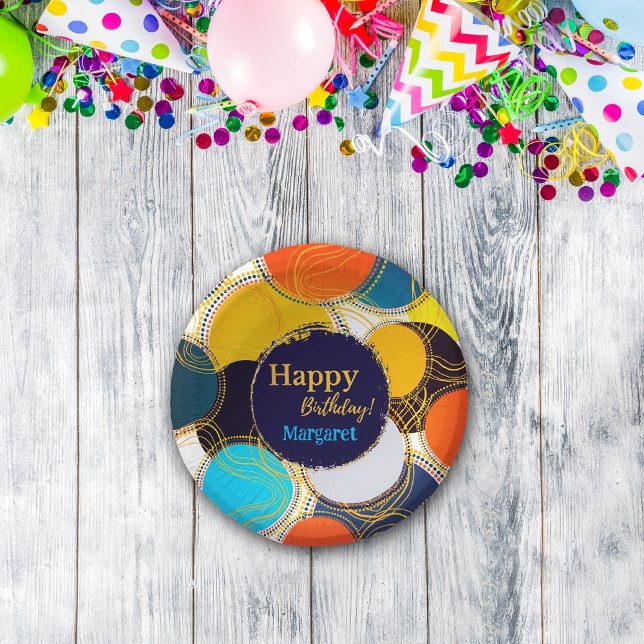 Colourful 80's Retro Circle Abstract Happy Birthda Paper Plate (Creator Uploaded)