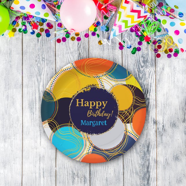 Colourful 80s Retro Circle Abstract Happy Birthday Paper Plate (Creator Uploaded)